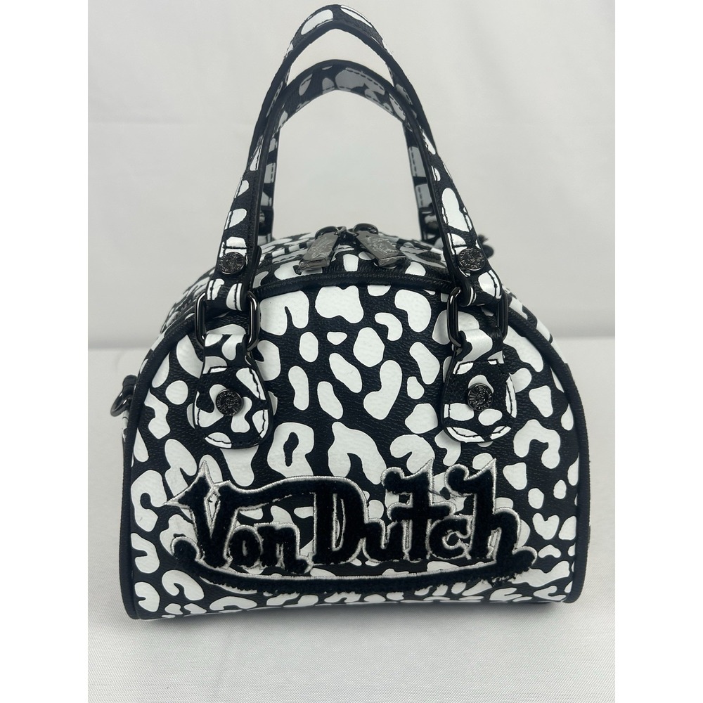 Von Dutch White Cheetah Shoulder Bag VDBB-1005WHT Small Bowling Purse NEW